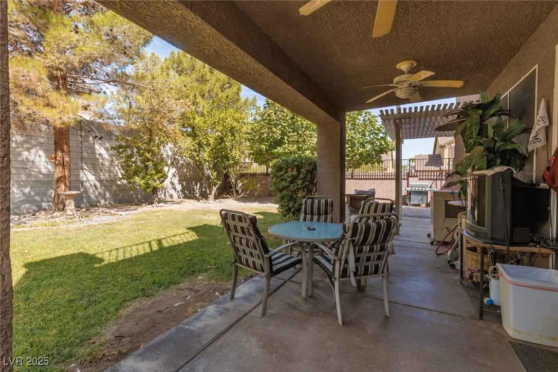 99 Milicity Road Henderson, NV 89012 - Photo 35 of 51 Fenced backyard featuring a patio area and ceiling fan