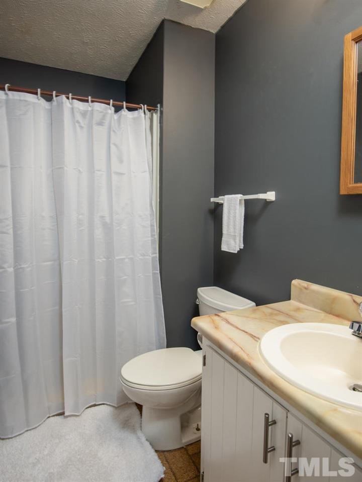 107 Trinity Woods Drive Raleigh, NC 27607 - Photo 22 of 25 a bathroom with a sink a toilet and shower curtain