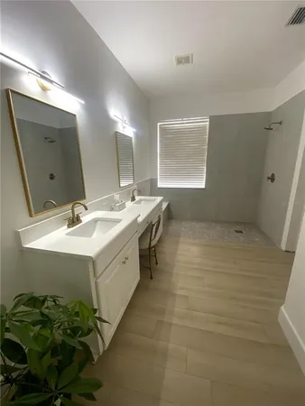a bathroom with a sink double vanity and a mirror