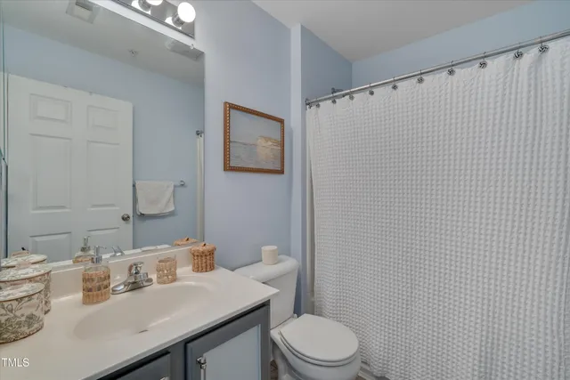 a bathroom with a sink a toilet and shower curtain