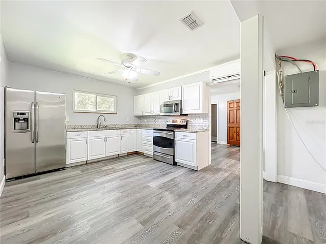 a view of a backyard with a large tree