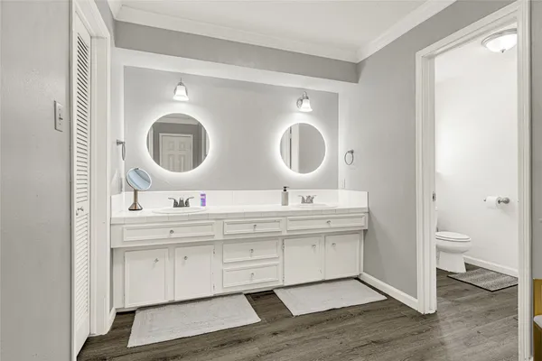 a bathroom with a double vanity sink and a toilet