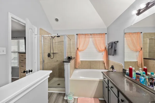a bathroom with a tub sink toilet and a shower