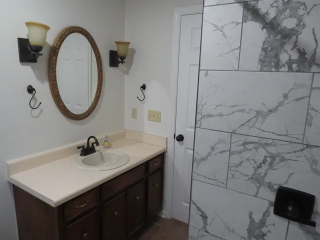 a bathroom with a sink vanity and a mirror
