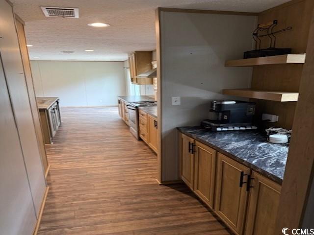 65 Clemmons Drive Tabor City, NC 28463 - Photo 11 of 29 Kitchen with stainless steel range with electric cooktop, light wood finished floors, open shelves, wall chimney range hood, and a textured ceiling