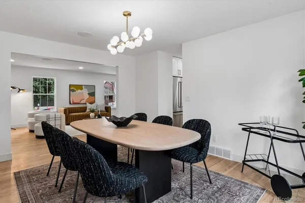 a view of a dining room with furniture