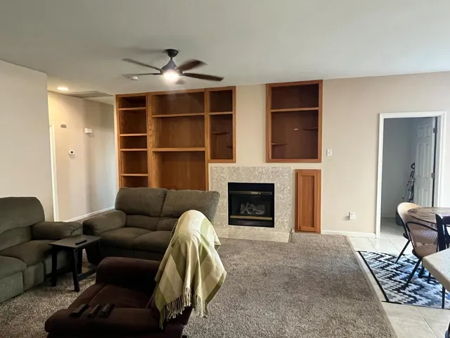 a living room with furniture windows and a fireplace