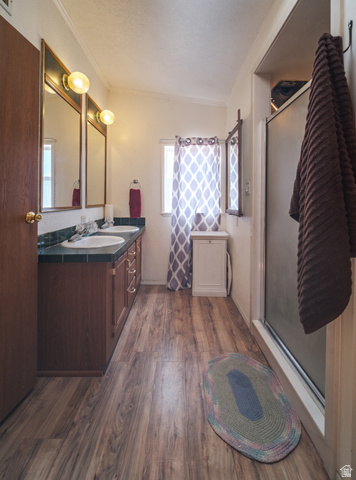 445 South Main Street Fayette, UT 84630 - Photo 26 of 45 Bathroom with double vanity, a stall shower, dark wood-style floors, and ornamental molding