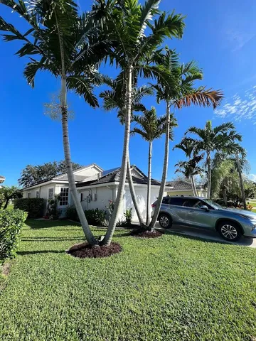 a view of a backyard with plants and a tub