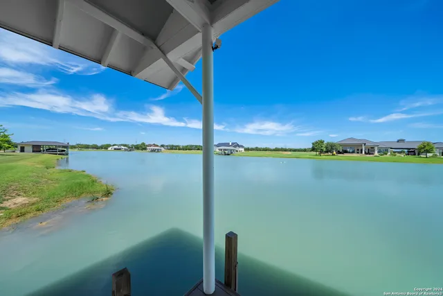 an aerial view of a pool