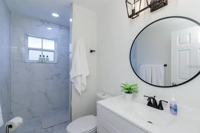 a bathroom with a sink a toilet and a mirror