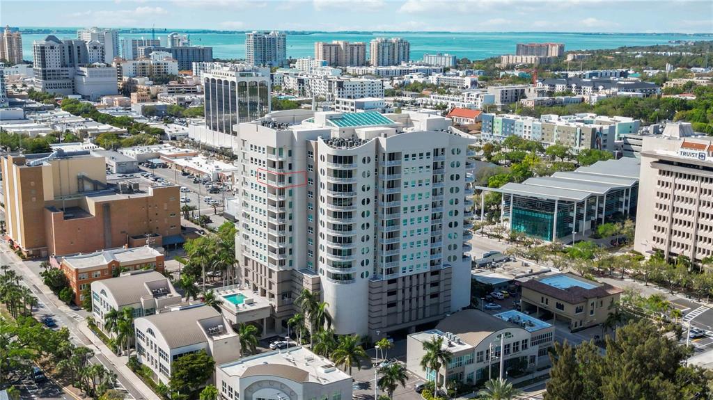 a city view with tall buildings