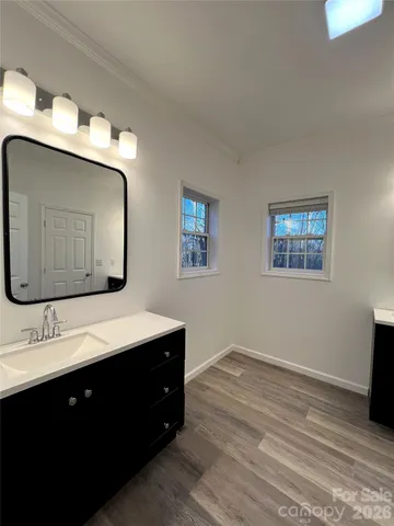 a bathroom with double vanity sink and a mirror