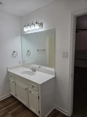 a bathroom with a sink vanity and a mirror