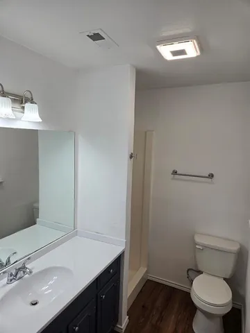 a bathroom with a sink a toilet and mirror