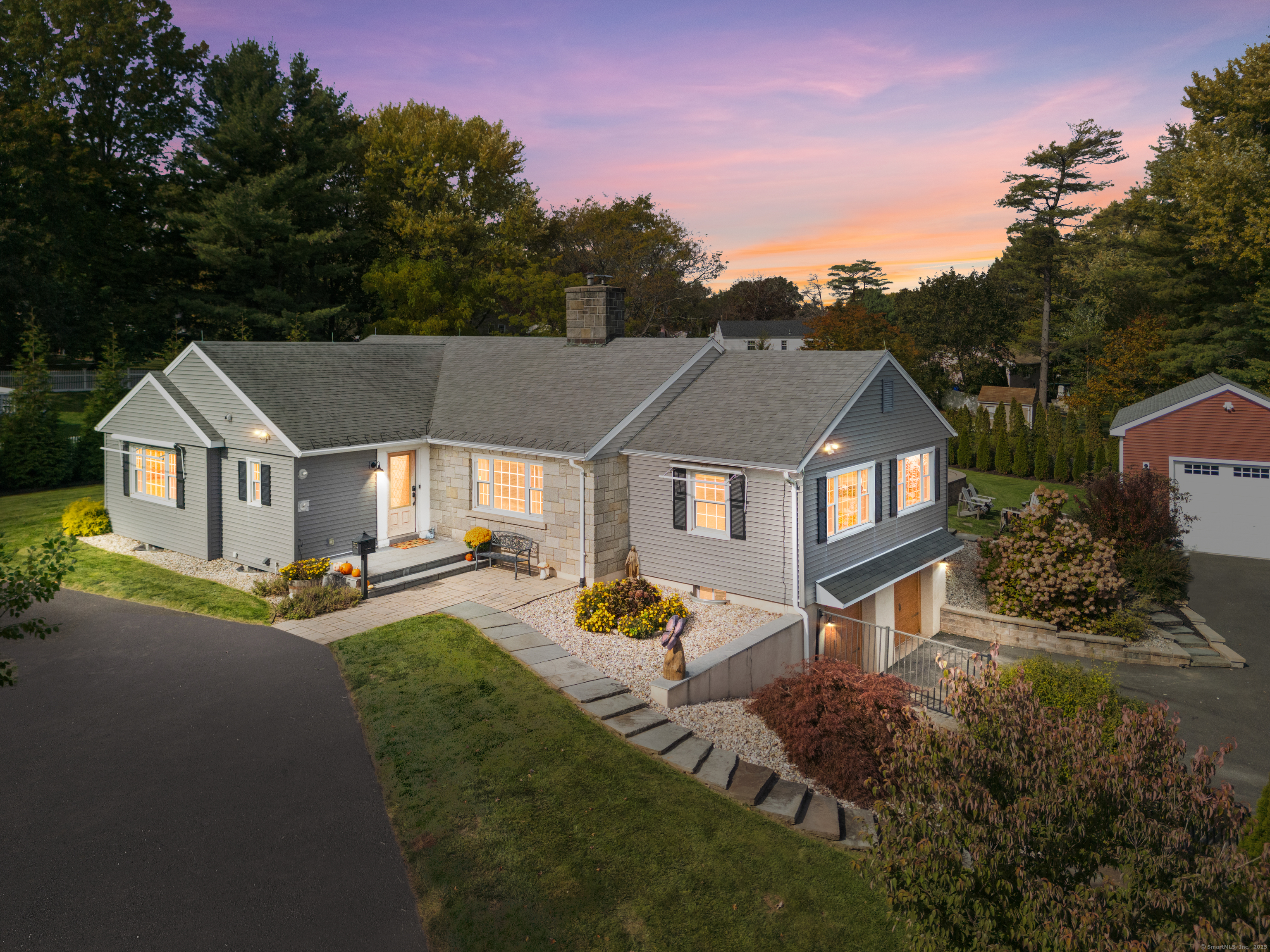 an aerial view of a house with garden