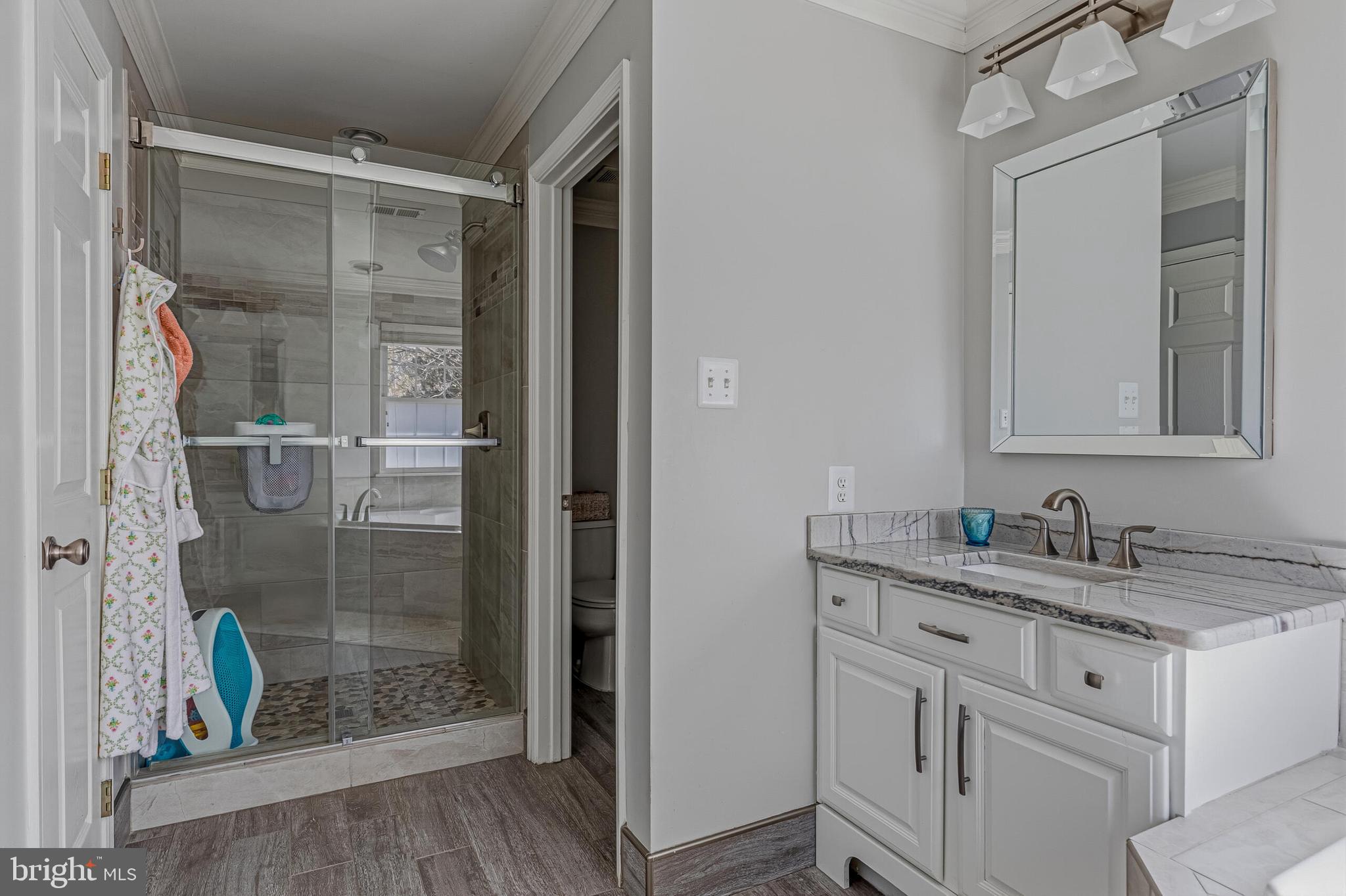 1403 Harle Place Southwest Leesburg, VA 20175 - Photo 29 of 41 a bathroom with a granite countertop sink mirror and shower