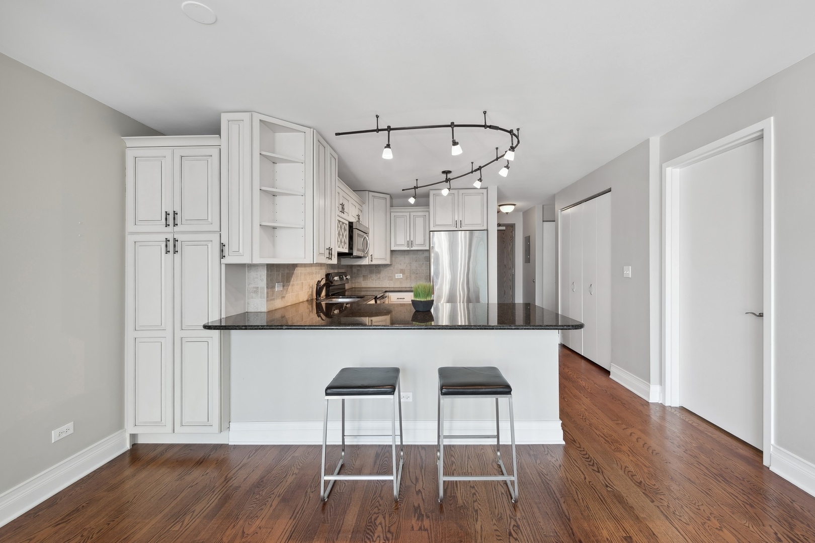 2 East Erie Street, Unit 1501 Chicago, IL 60611 - Photo 8 of 18 a kitchen with stainless steel appliances a refrigerator and wooden floor