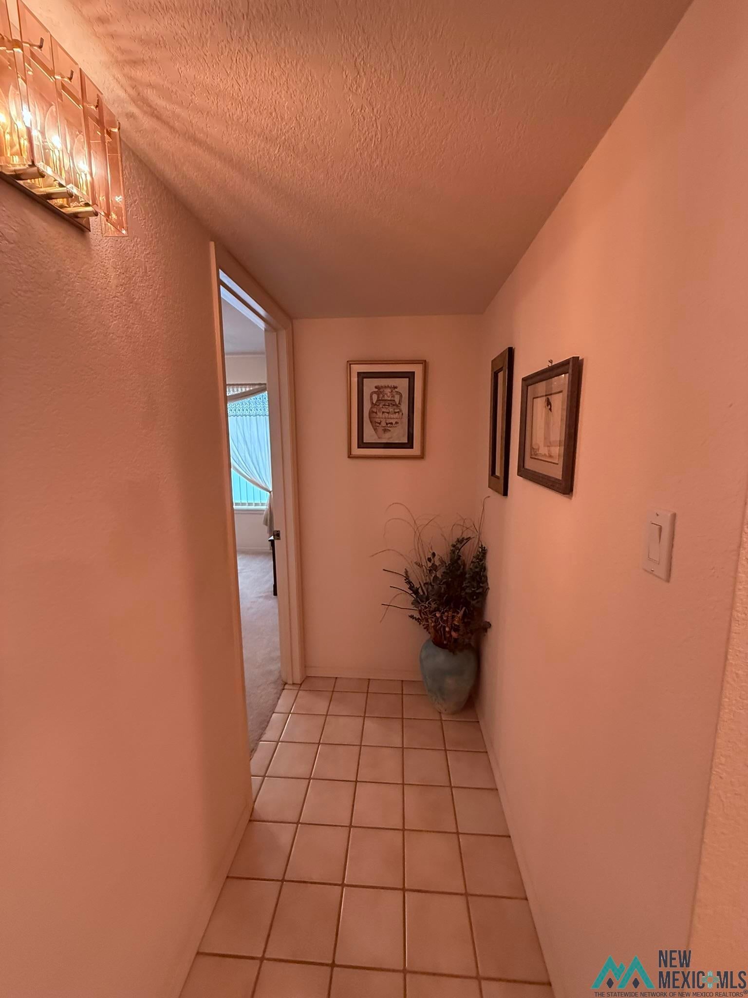 300 Rio Grande Circle Elephant Butte, NM 87935 - Photo 28 of 99 Hallway featuring square tile flooring, a wall-mounted light fixture, and textured ceilings