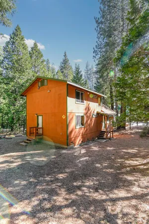 a view of a patio with a tree