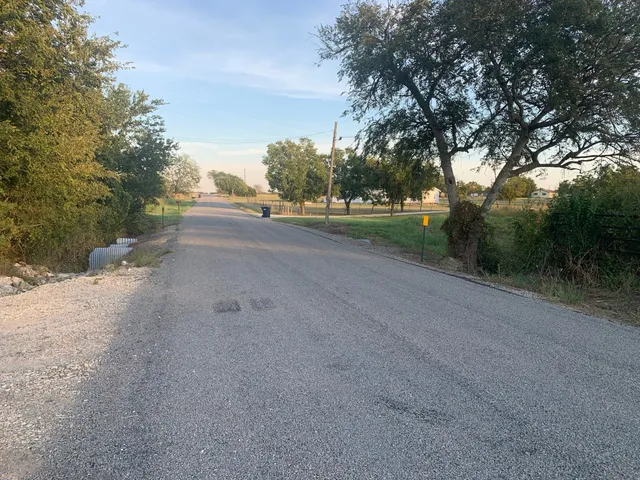 a view of a road with a trees
