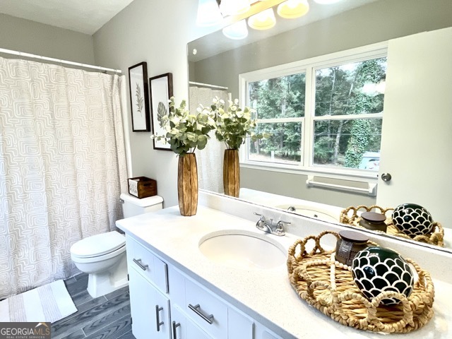 5058 Rock Springs Road Lithonia, GA 30038 - Photo 12 of 28 a bathroom with a granite countertop sink toilet and a large mirror
