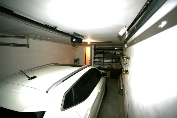 a view of a park with large trees