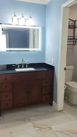 a bathroom with a sink a toilet and a mirror