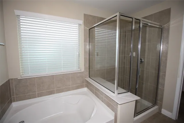 a bathroom with a shower and a bathtub