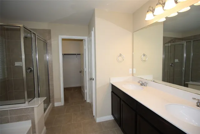 a bathroom with a sink a mirror and a shower