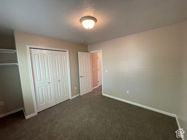 11473 South Dempsey Creek Road Lava Hot Springs, ID 83246 - Photo 15 of 47 Unfurnished bedroom featuring dark colored carpet, a textured ceiling, and a closet