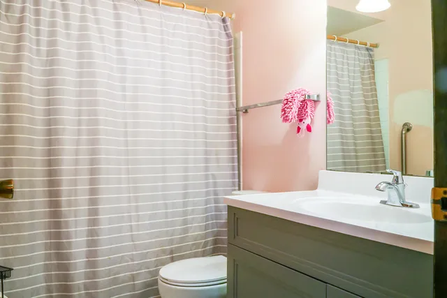 a bathroom with a sink a toilet and shower curtain