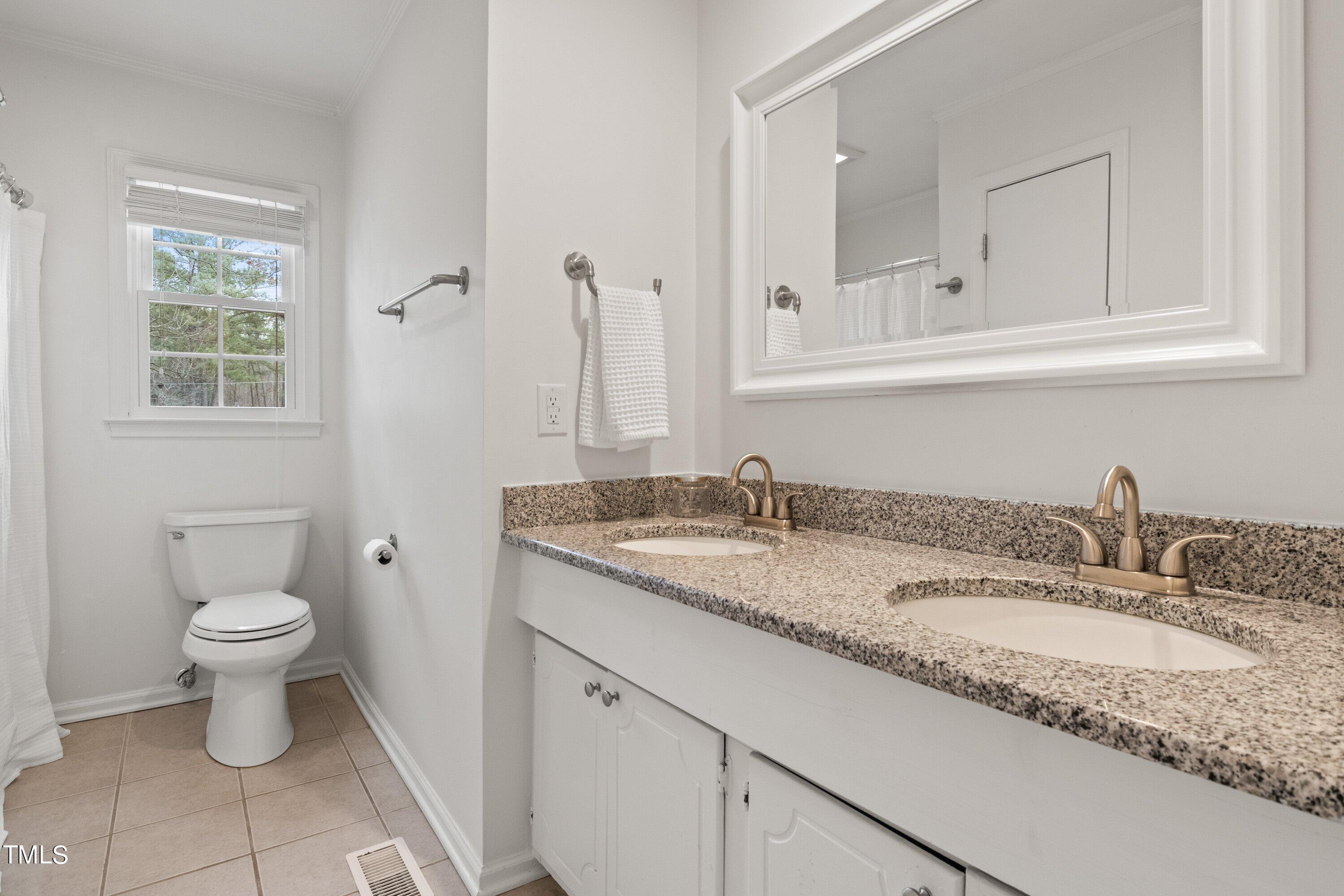 1 Kellom Court Durham, NC 27713 - Photo 23 of 33 a bathroom with a granite countertop sink a toilet and a mirror