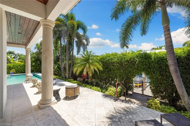 a view of a street with potted plants and palm trees