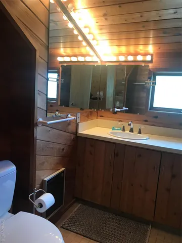 a bathroom with a sink mirror and toilet