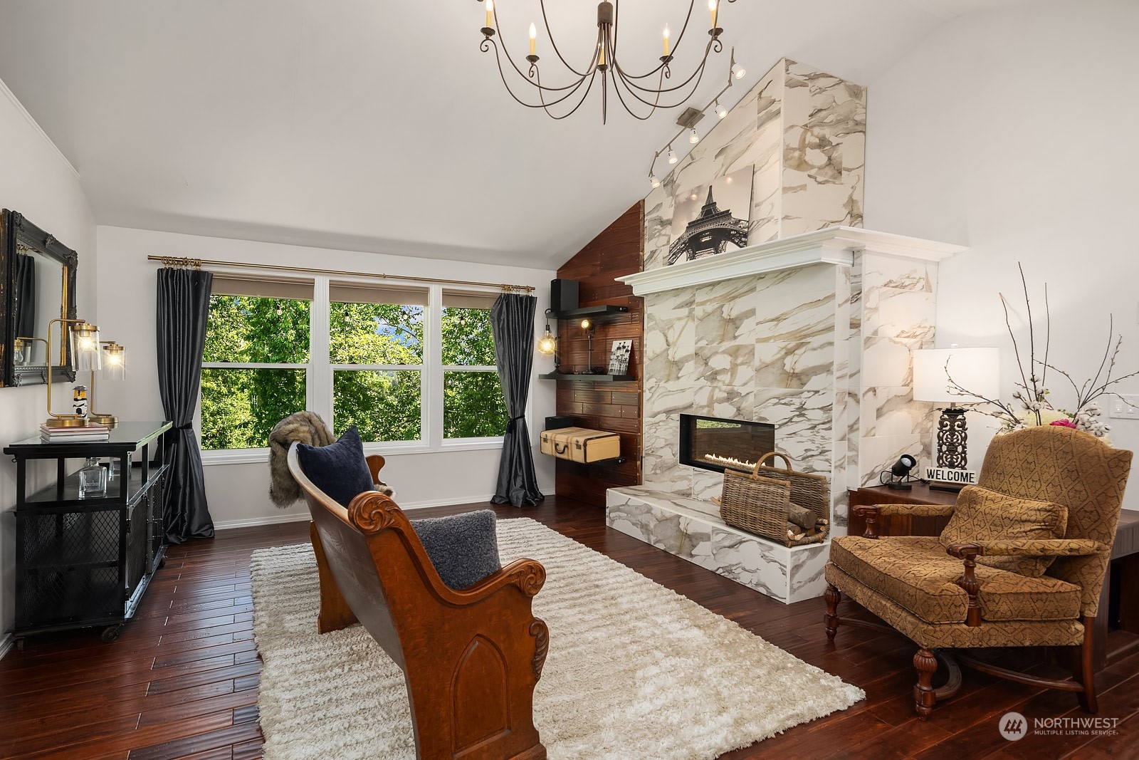 16404 9th Avenue Southwest Burien, WA 98166 - Photo 6 of 40 a living room with furniture a fireplace and a floor to ceiling window