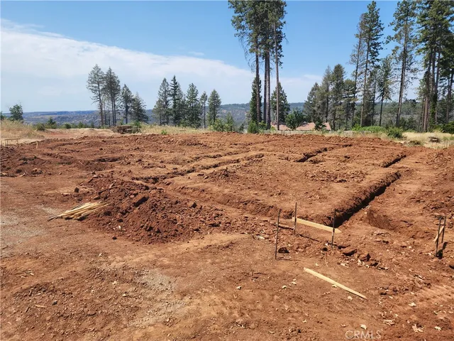 a view of dirt yard with trees