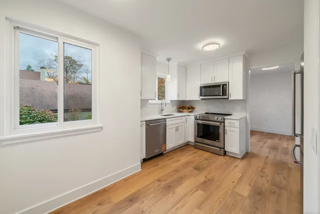 a kitchen with a sink a window and stainless steel appliances