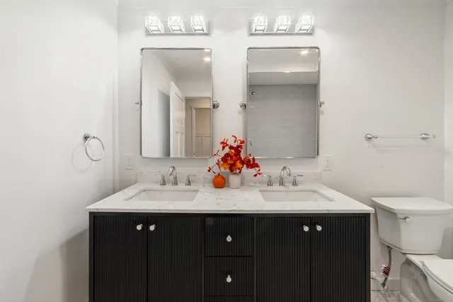 a bathroom with a sink vanity and a toilet