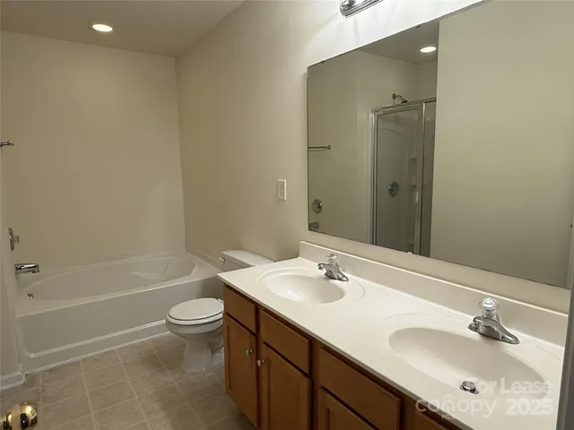 a bathroom with a bathtub shower sink mirror vanity and toilet