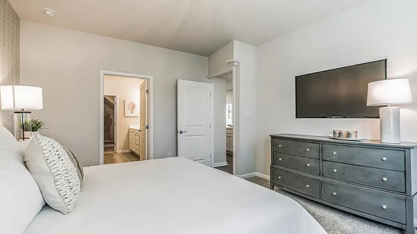 a bedroom with a bed and a flat screen tv in it