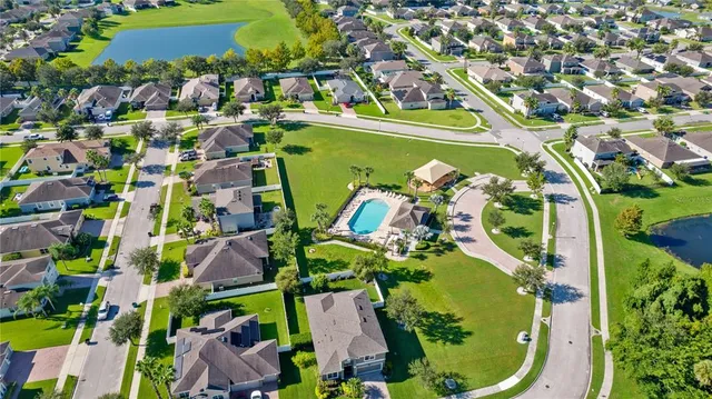 a view of a swimming pool with a yard and plants