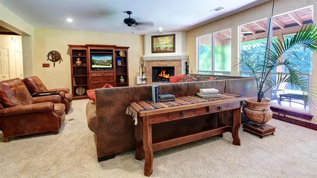 a living room with furniture and a fireplace