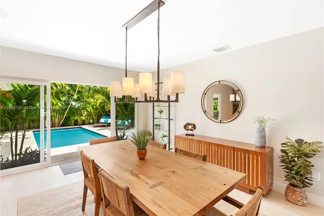 a dining room with furniture garden view and a floor to ceiling window
