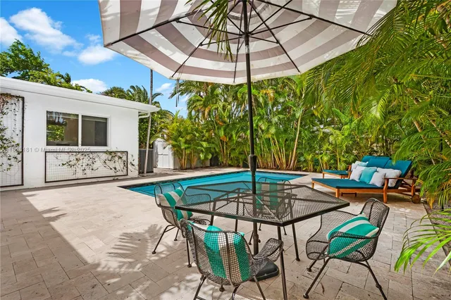 a backyard of a house with table and chairs under an umbrella
