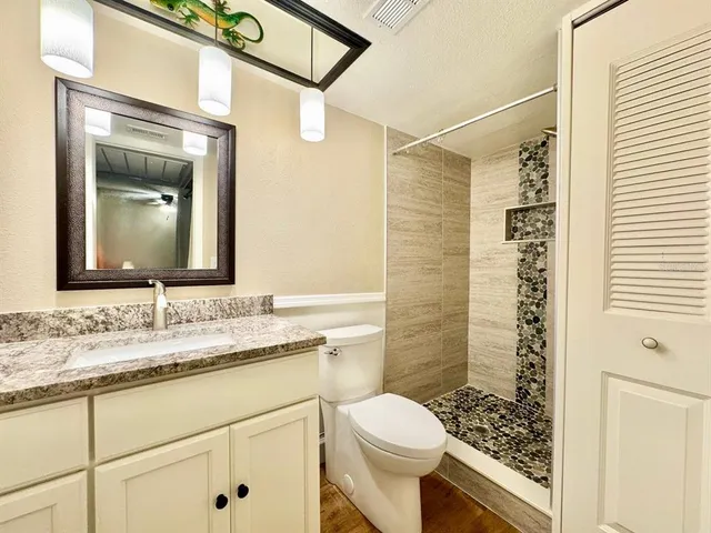 a bathroom with a granite countertop sink a toilet and a mirror