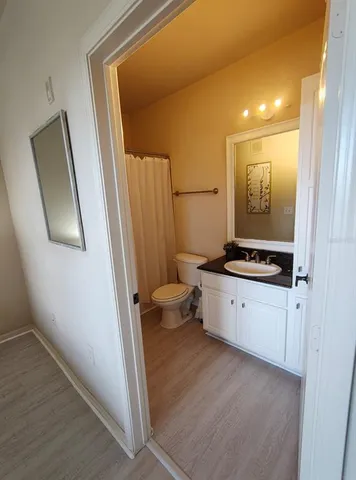 a bathroom with a sink a toilet a mirror and vanity