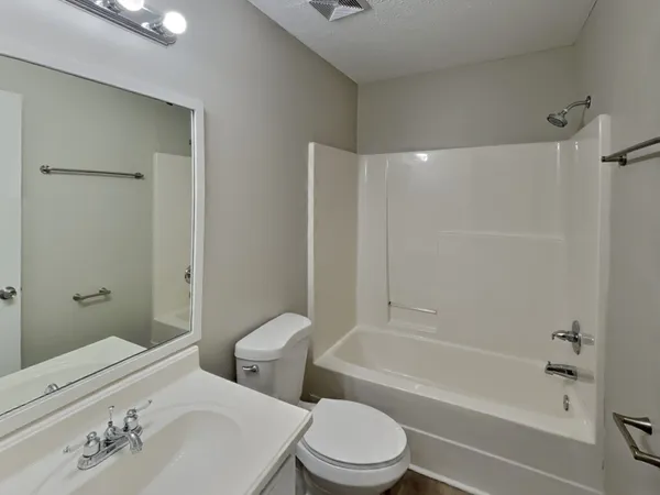 a bathroom with a bathtub shower sink vanity and toilet