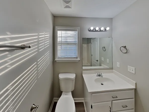 a bathroom with a sink a toilet and mirror
