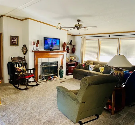 a living room with furniture a fireplace and a flat screen tv